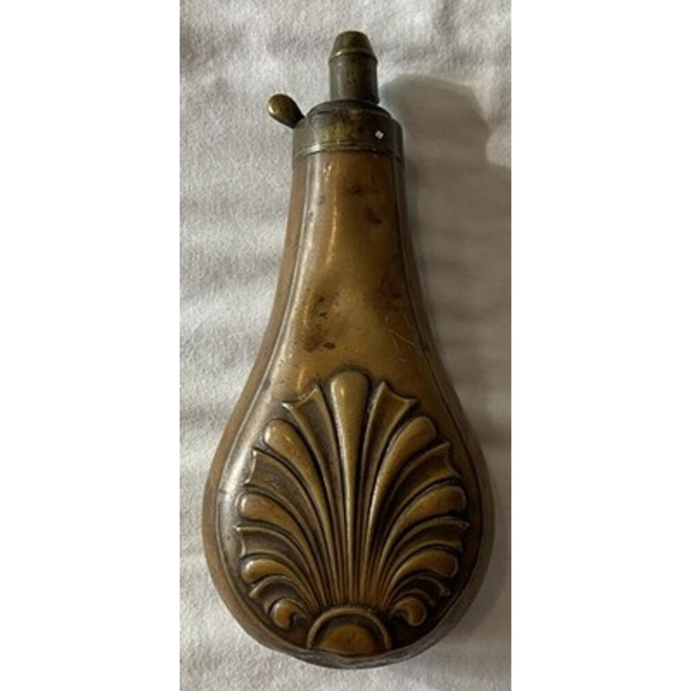 Unusual pistol Powder Flask Copper & Brass Shell Decoration